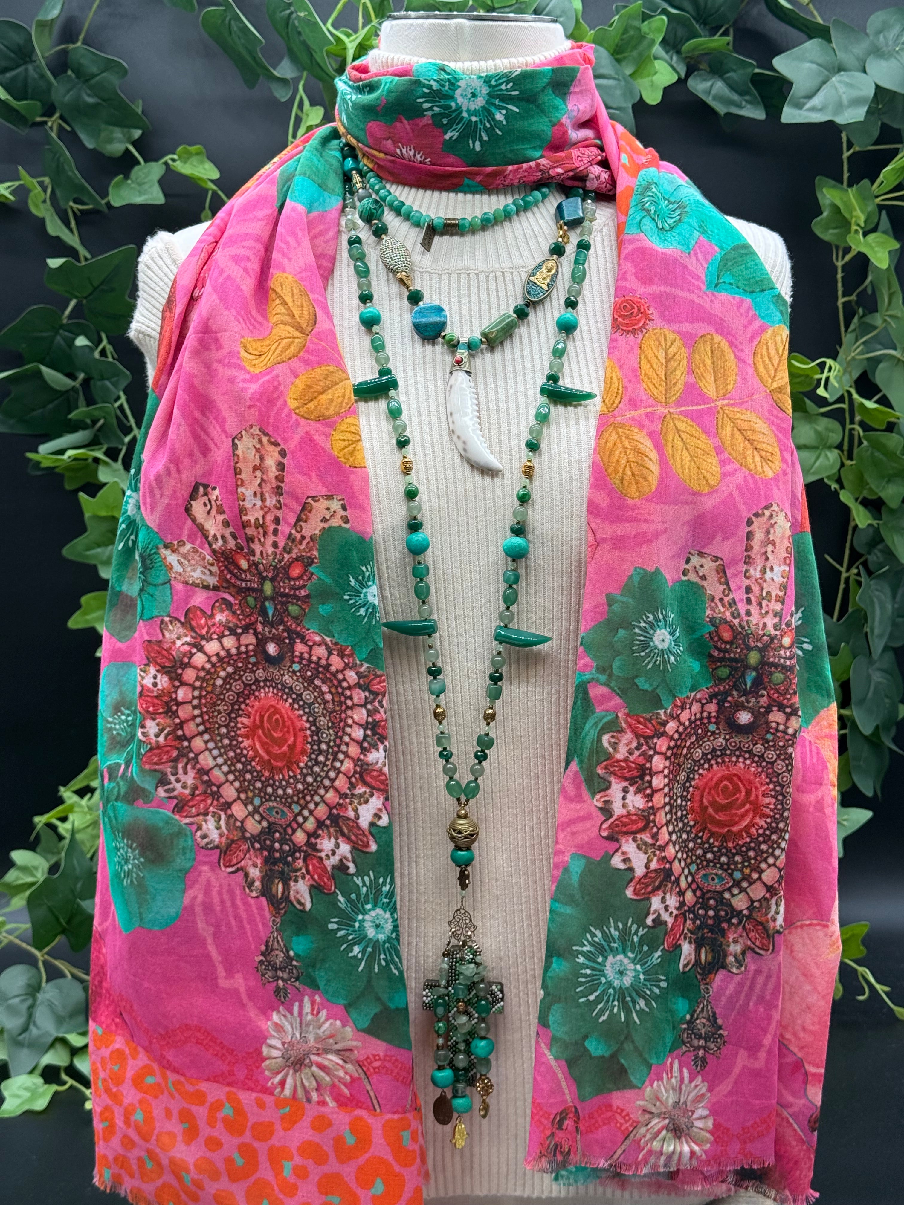 Grand Foulard Coton Amulette Rose Brokante