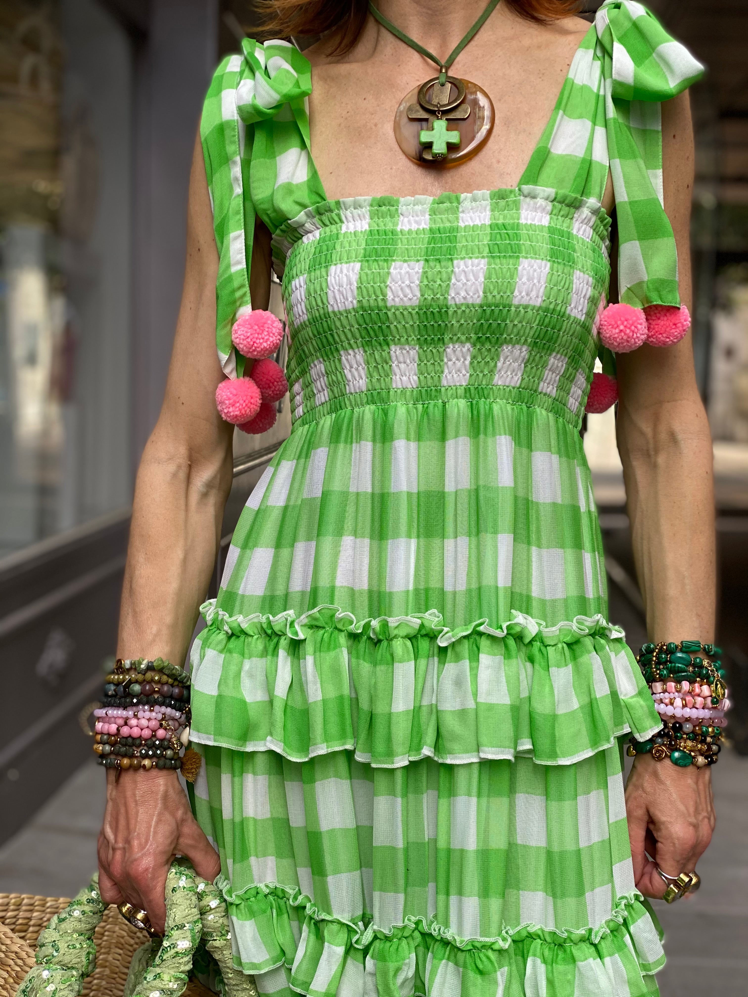 Bérénice Gingham Lime Sundress Dress