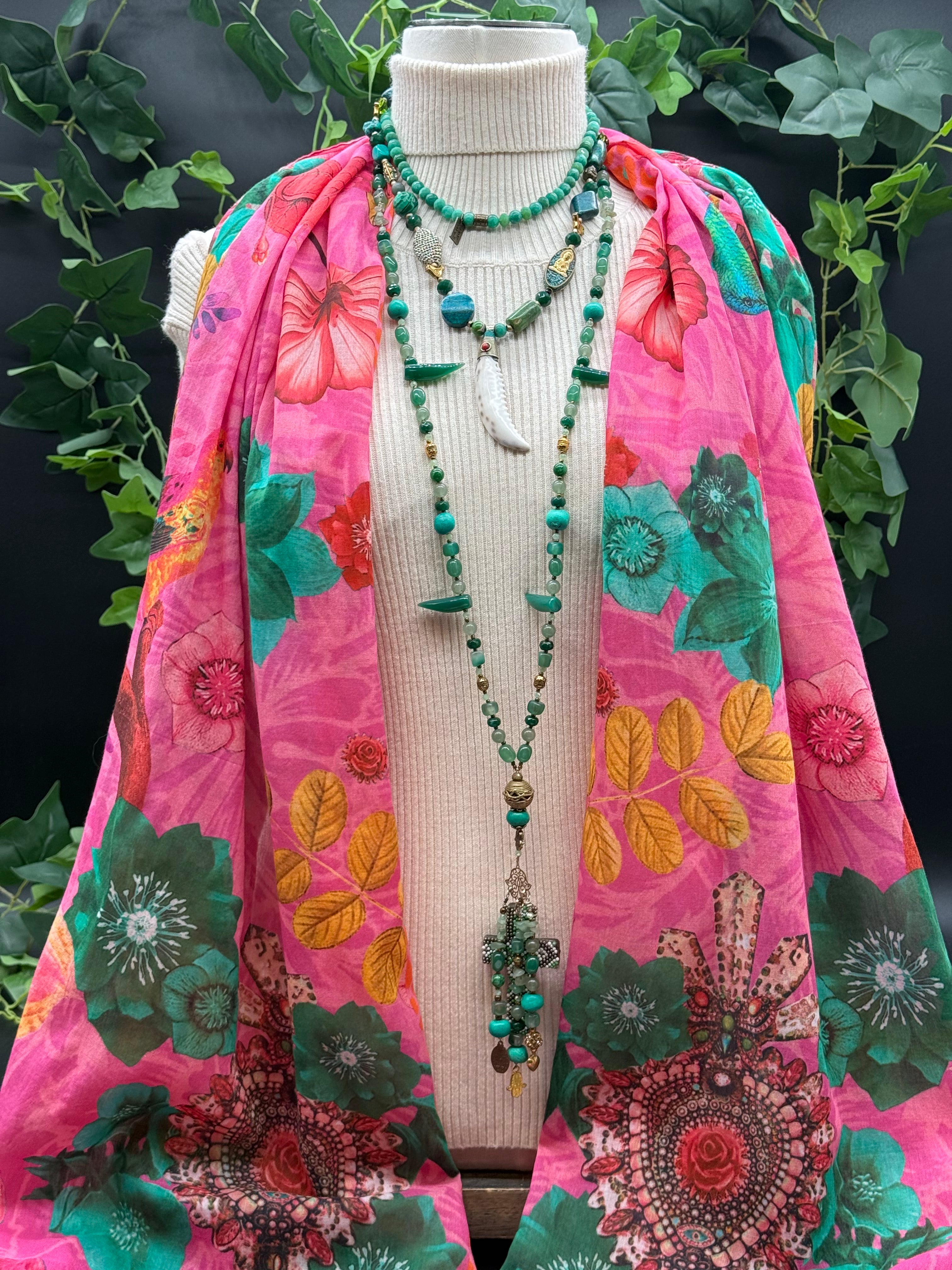 Grand Foulard Coton Amulette Rose Brokante