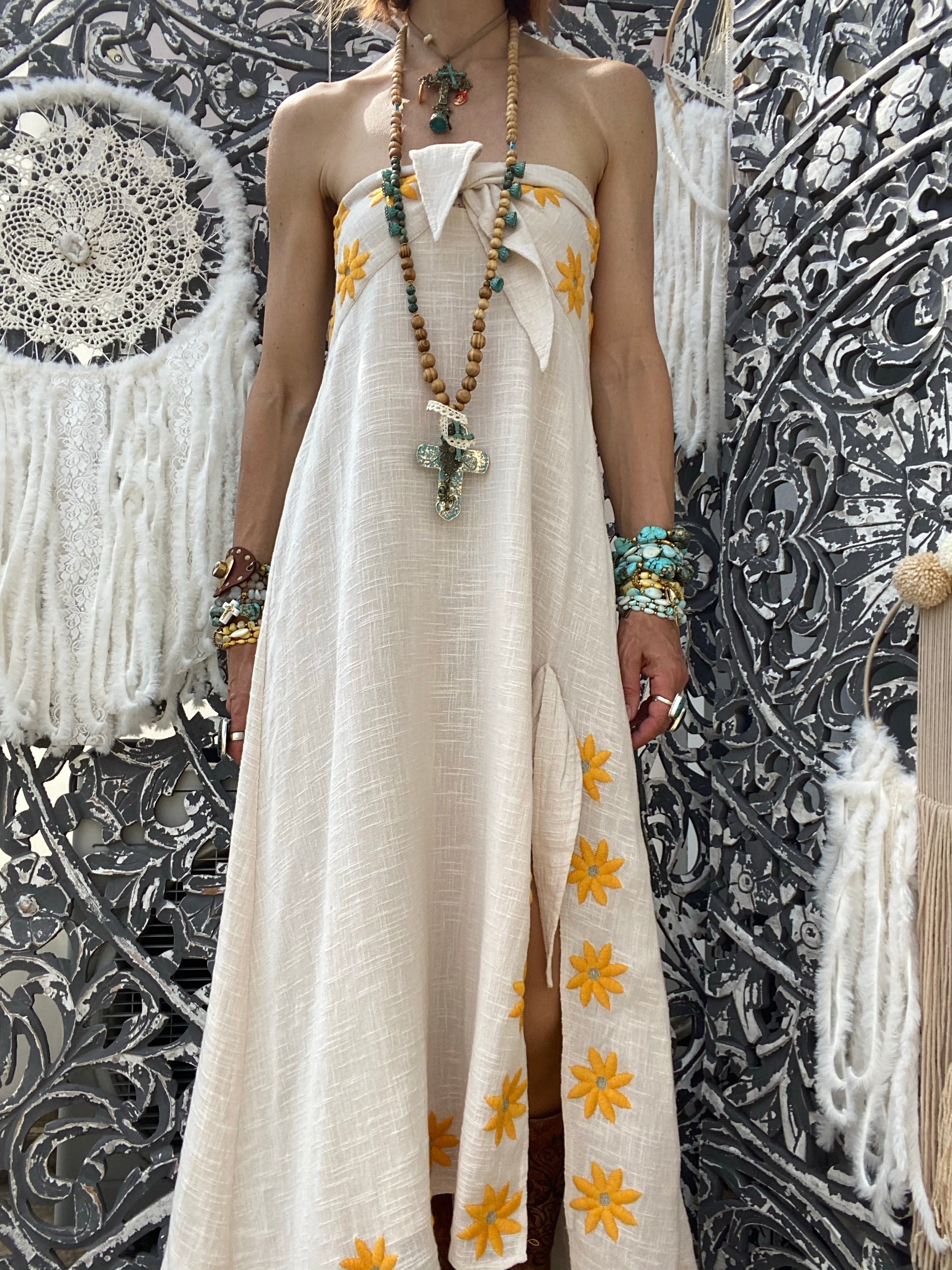 Pampa Coconut/Turmeric Daisies Embroideries Sundress Dress