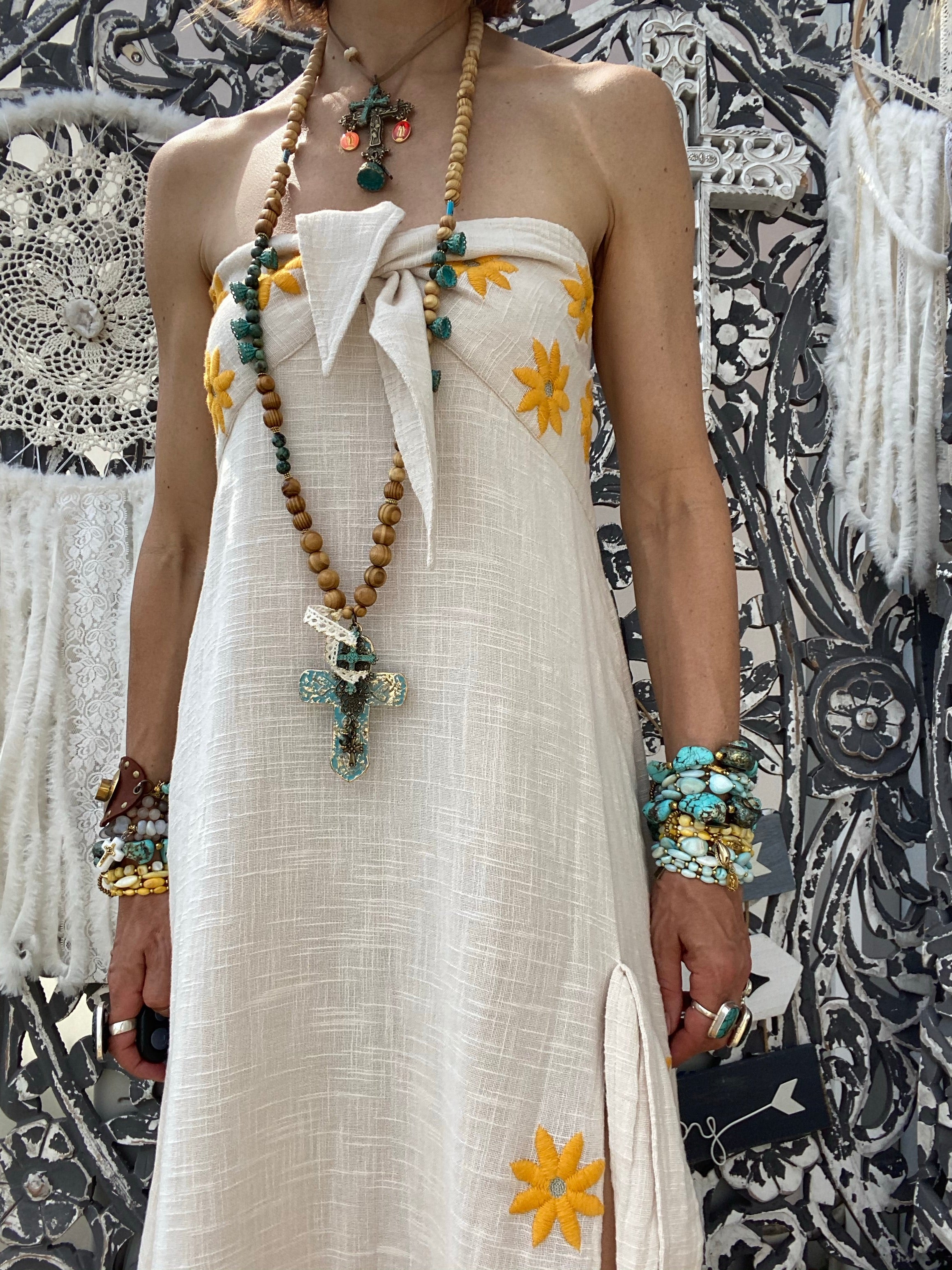 Pampa Coconut/Turmeric Daisies Embroideries Sundress Dress