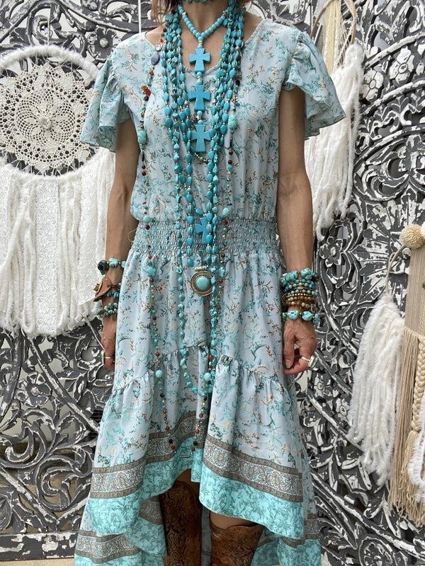 Robe dos nu asymétrique Japan Turquoise Cèdre Sissi